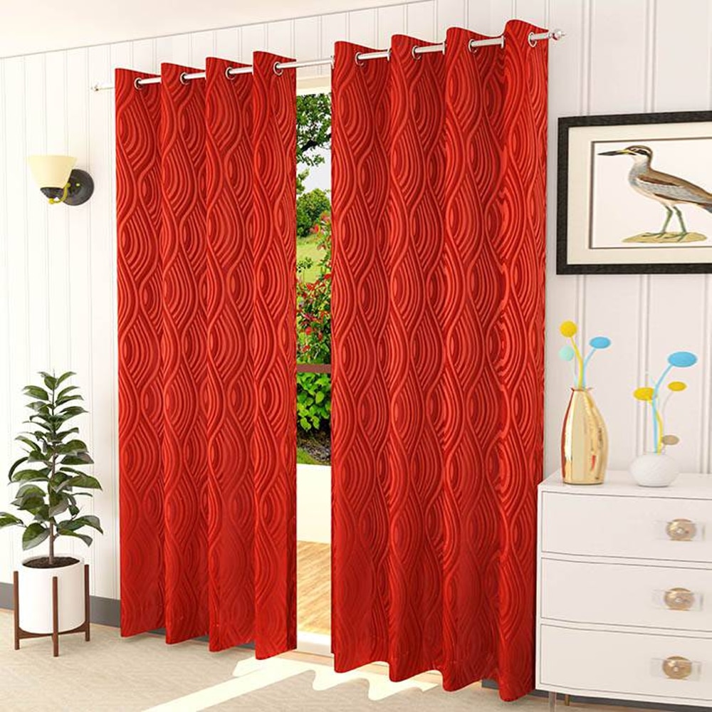 Genann Red Color Abstract Window Curtain   Set of 2