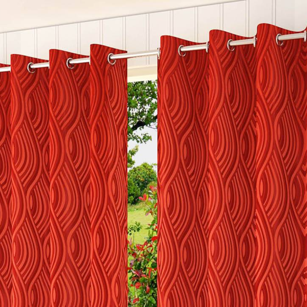 Genann Red Color Abstract Window Curtain   Set of 2