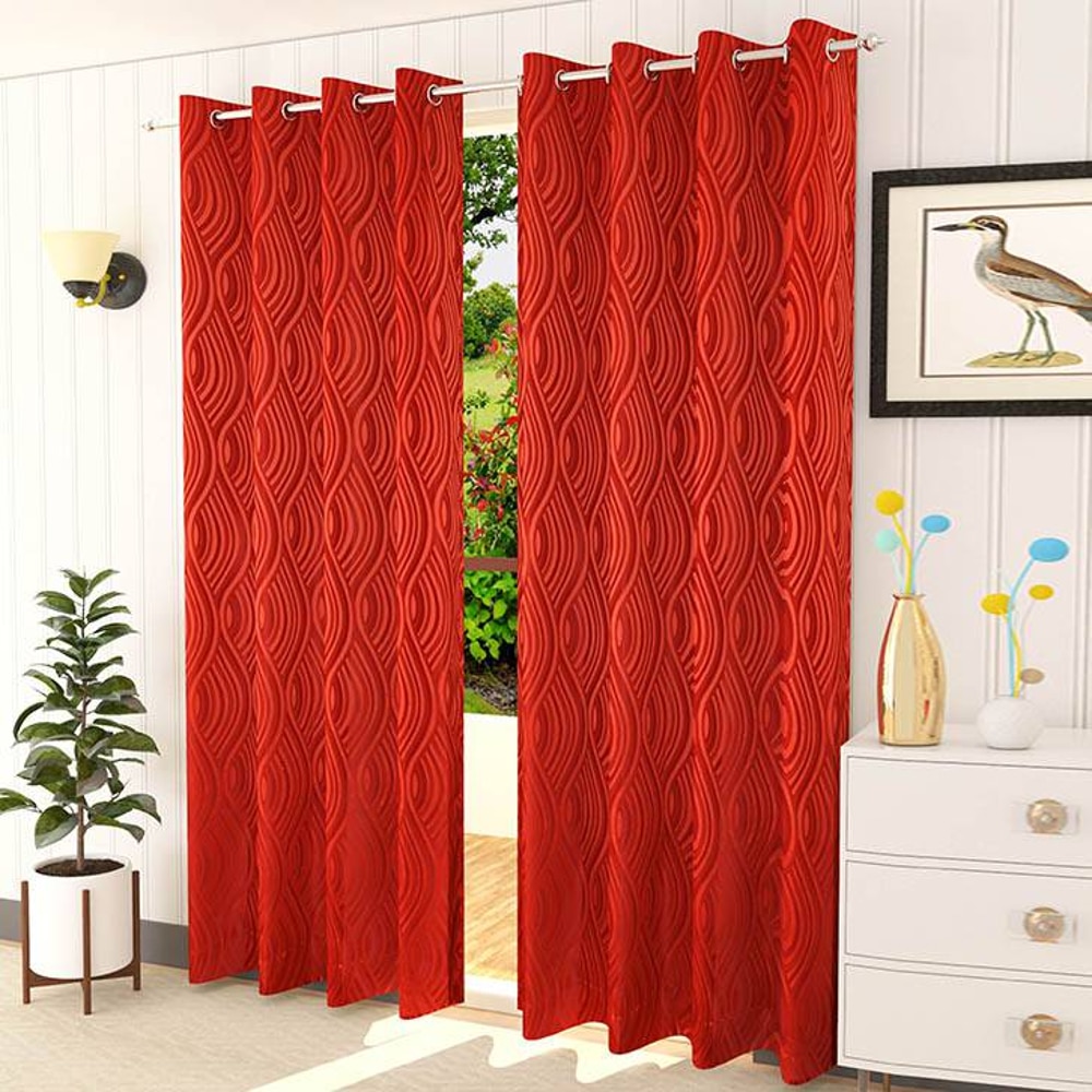 Genann Red Color Abstract Door Curtain - Set of 2