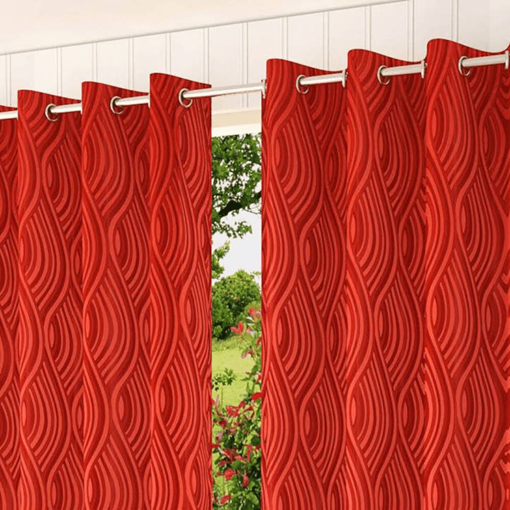 Genann Red Color Abstract Long Door Curtain - Set of 2