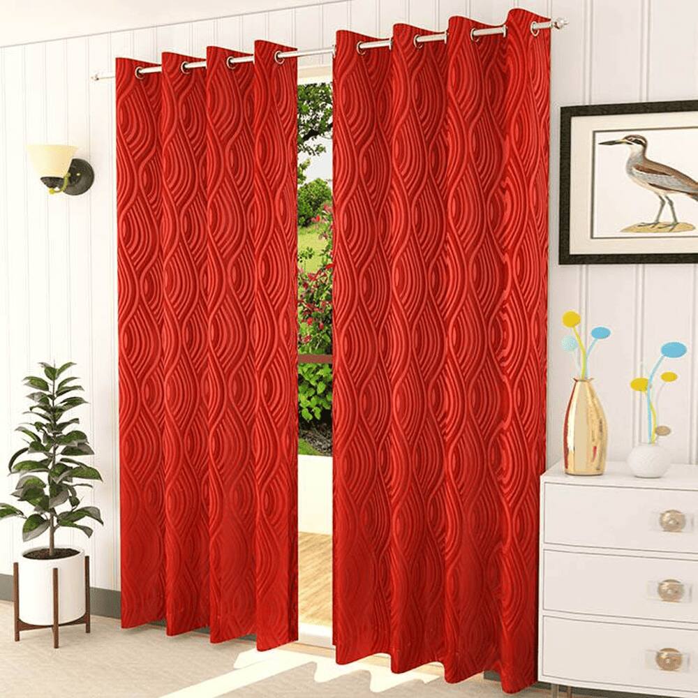 Genann Red Color Abstract Long Door Curtain - Set of 2