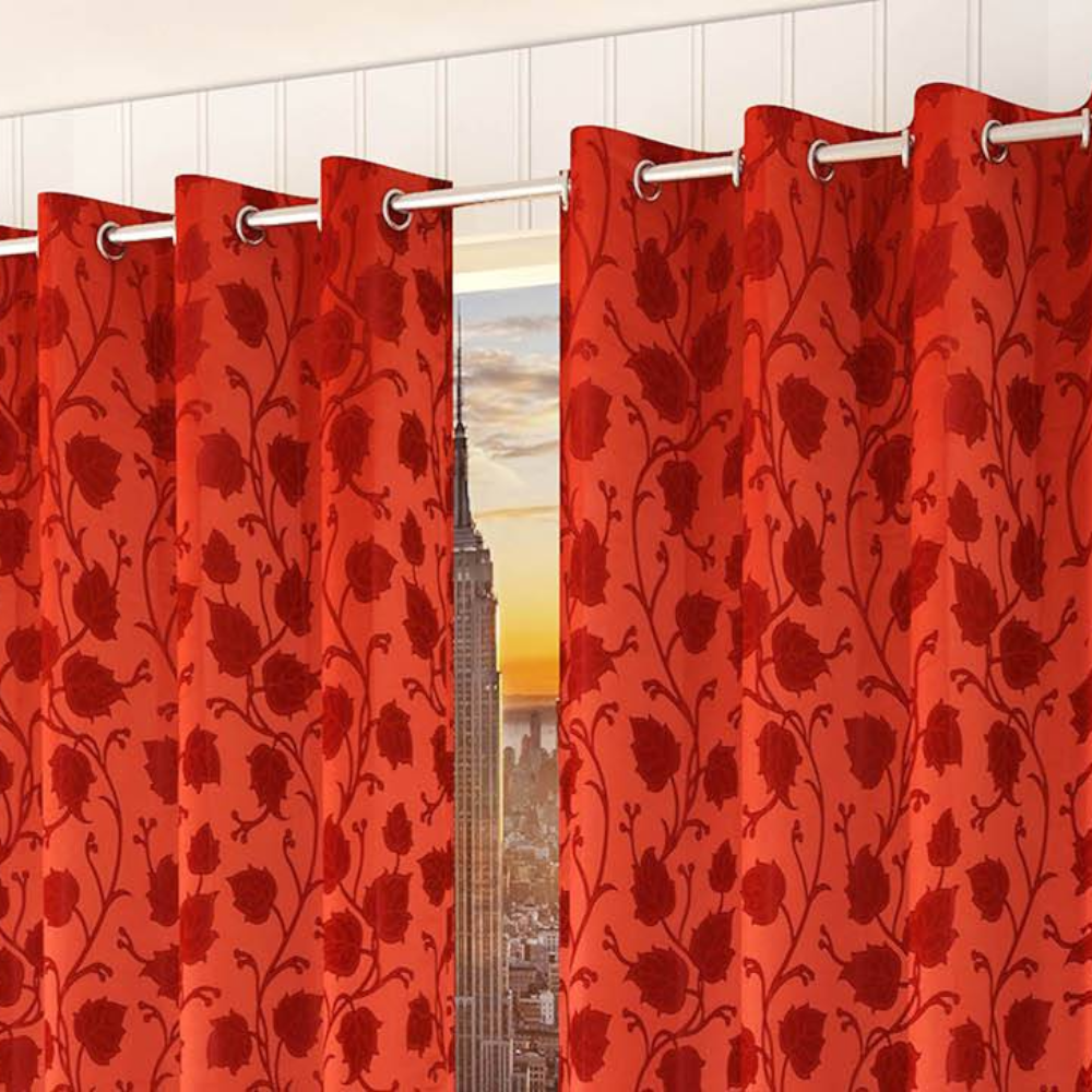 Ava Red Color Floral Window Curtain   Set of 2