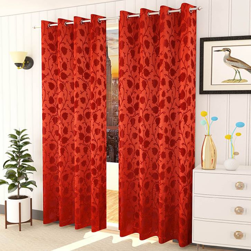 Ava Red Color Floral Window Curtain   Set of 2