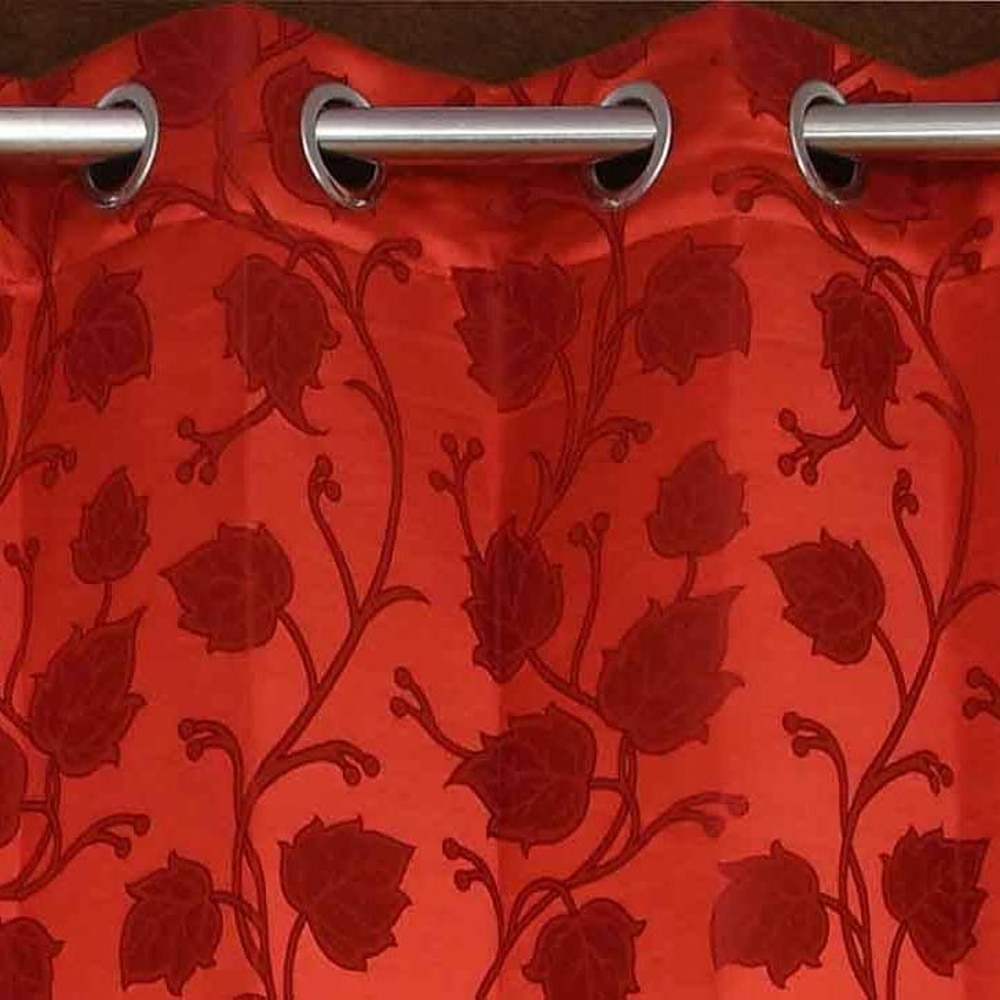 Ava Red Color Floral Window Curtain   Set of 2