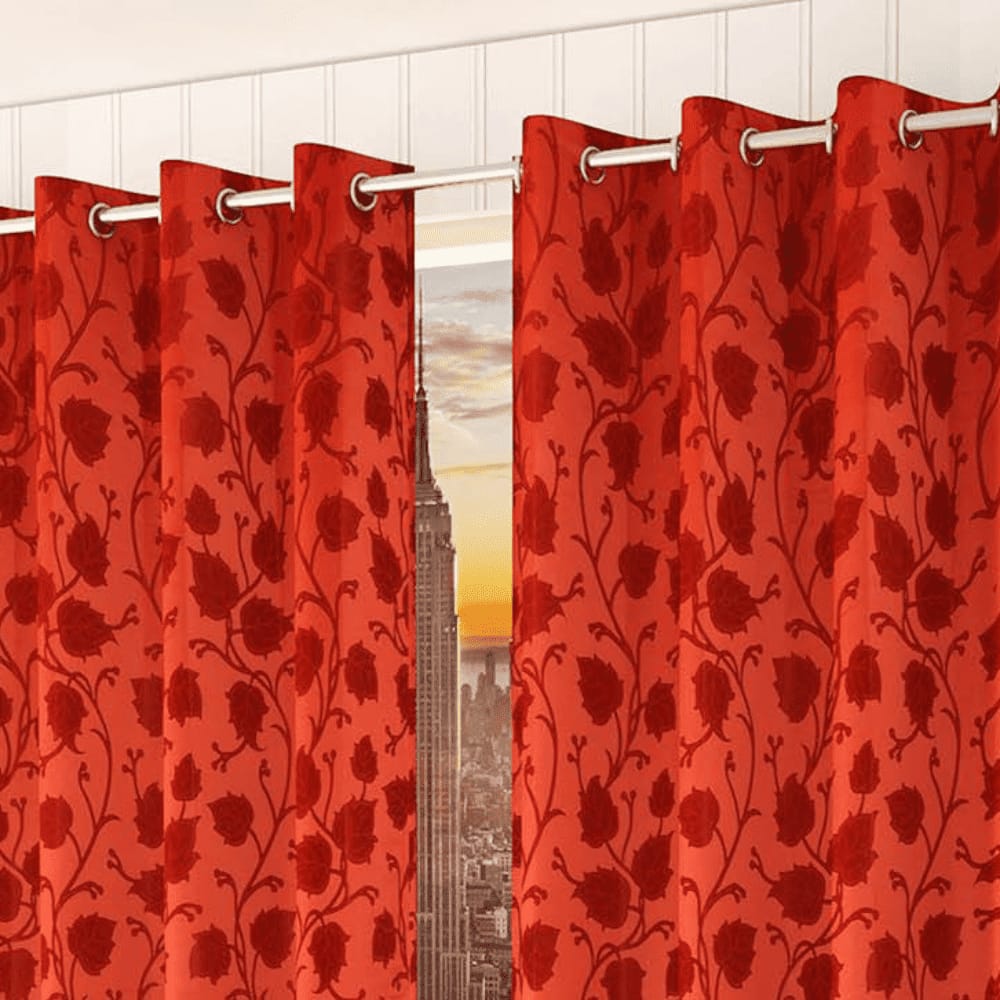 Ava Red Color Floral Door Curtain - Set of 2