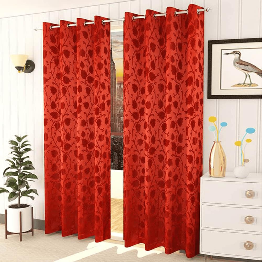 Ava Red Color Floral Door Curtain - Set of 2