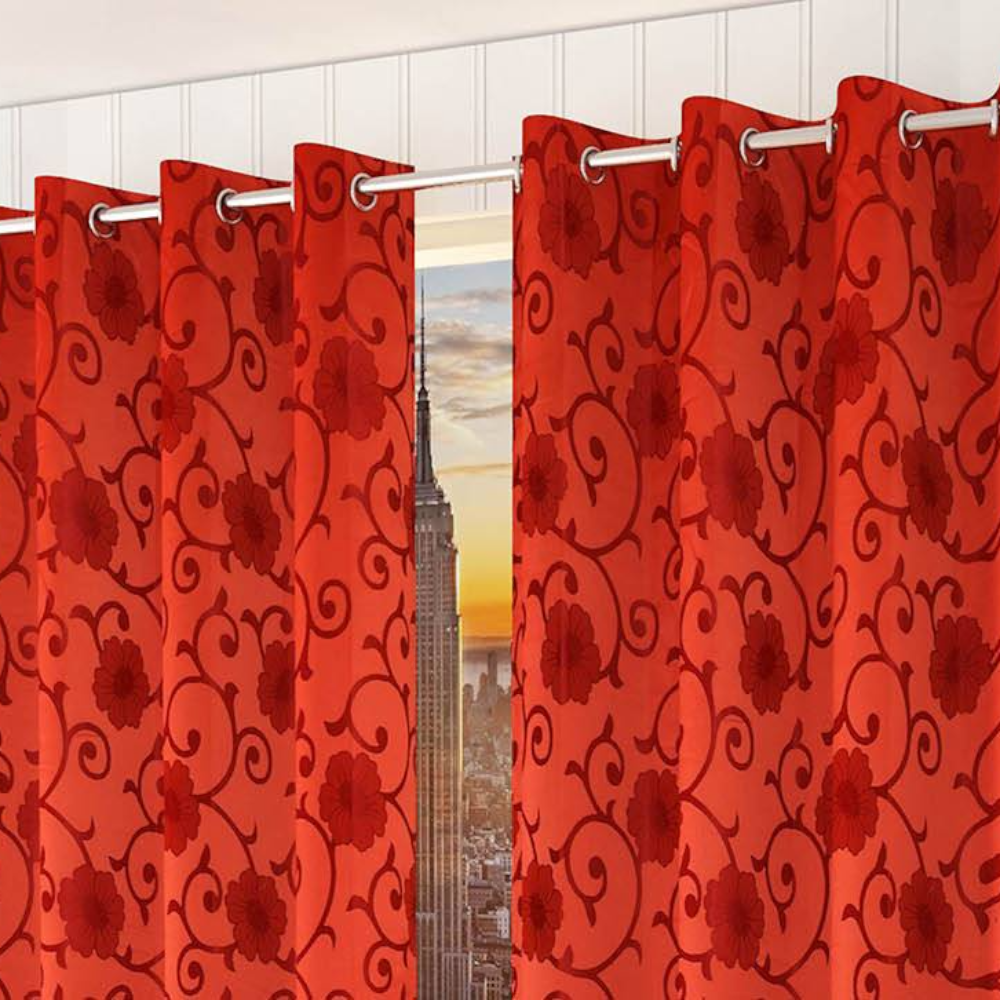 Ella Red Color Floral Door Curtain - Set of 2
