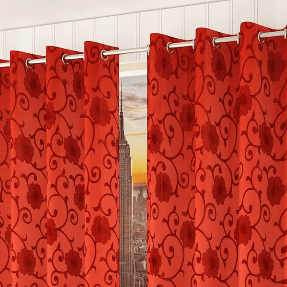 Ella Red Color Floral Long Door Curtain - Set of 2