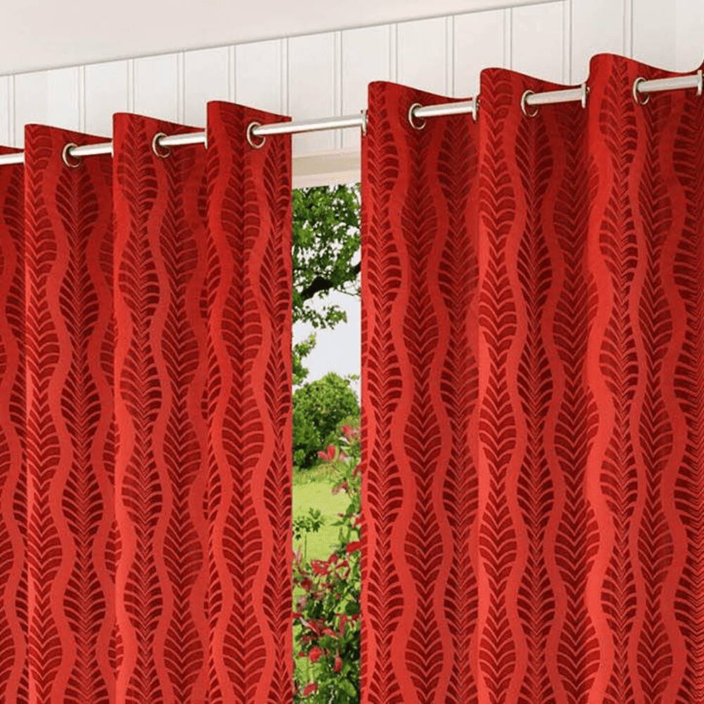 Grace Red Color Abstract Window Curtain   Set of 2
