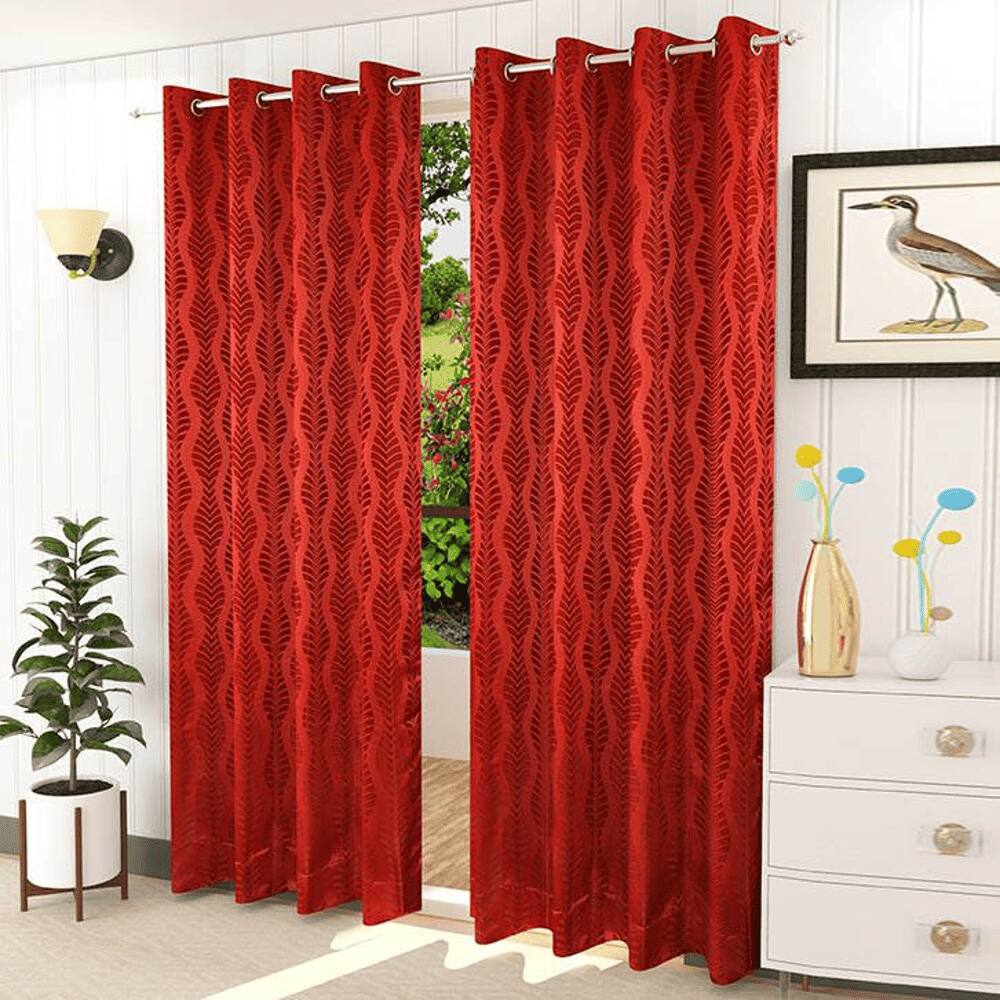 Grace Red Color Abstract Window Curtain   Set of 2