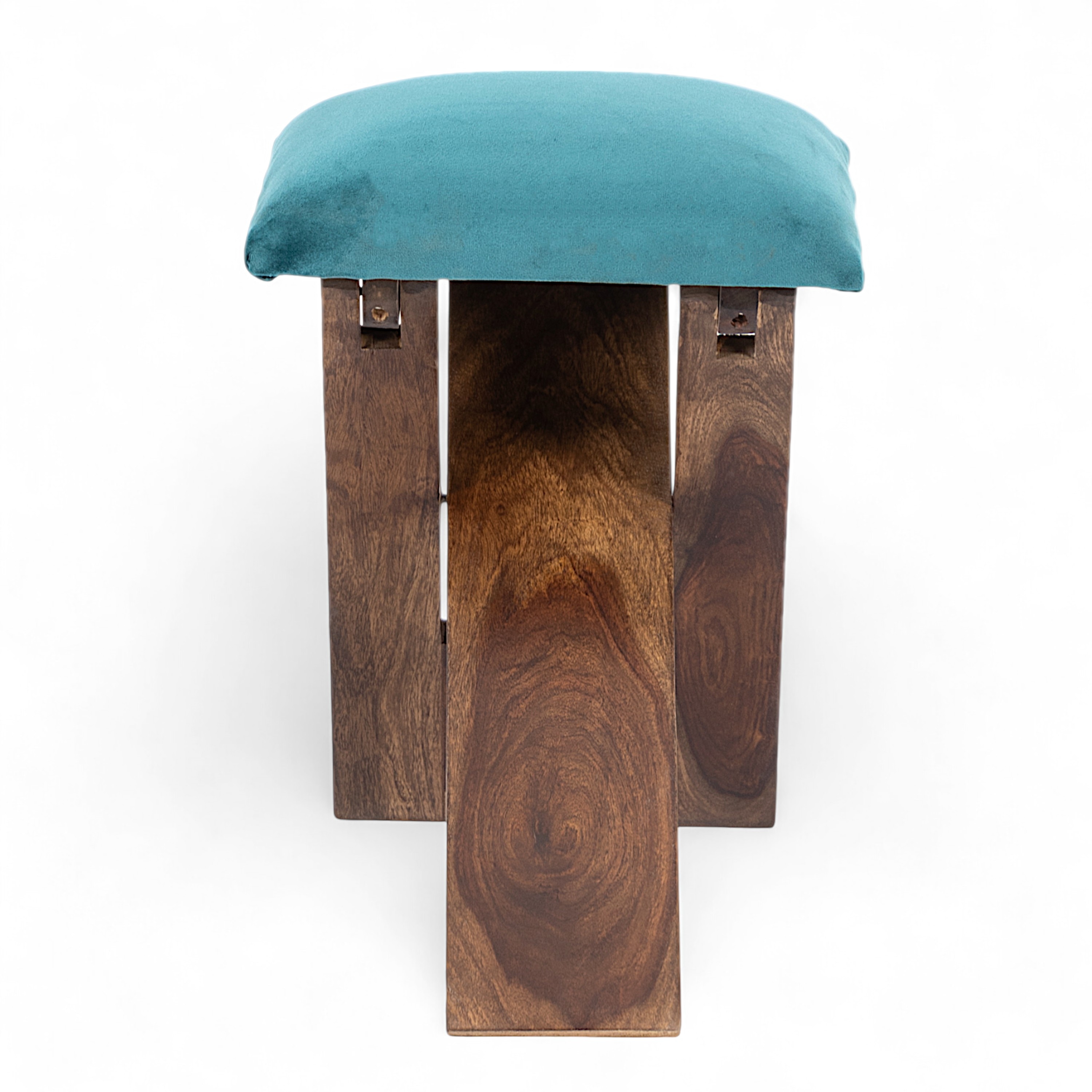 Dayton Sheesham Wood Accent Square Set of 2   Stools in Turquoise Sea Velvet Upholstery