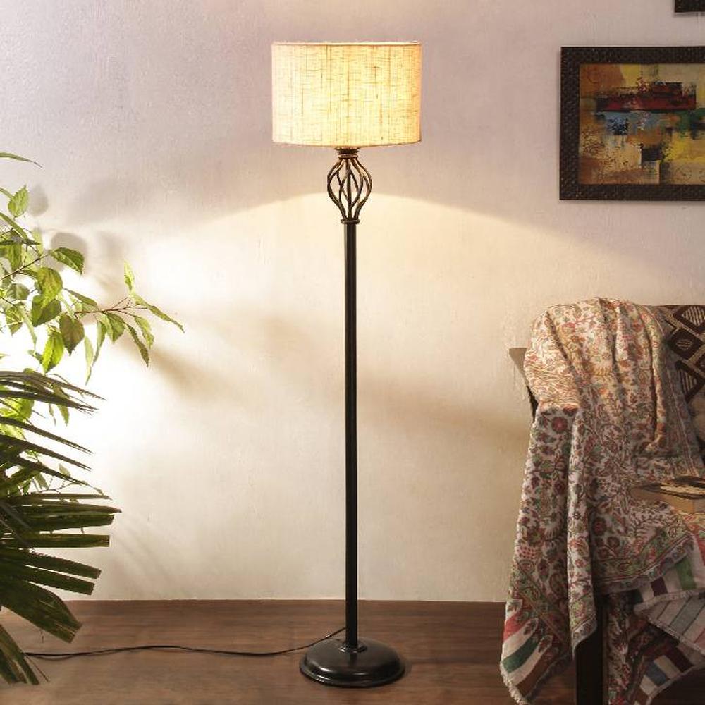 Lilo White Natural Fiber Floor Lamp with Black Iron Base - Devansh