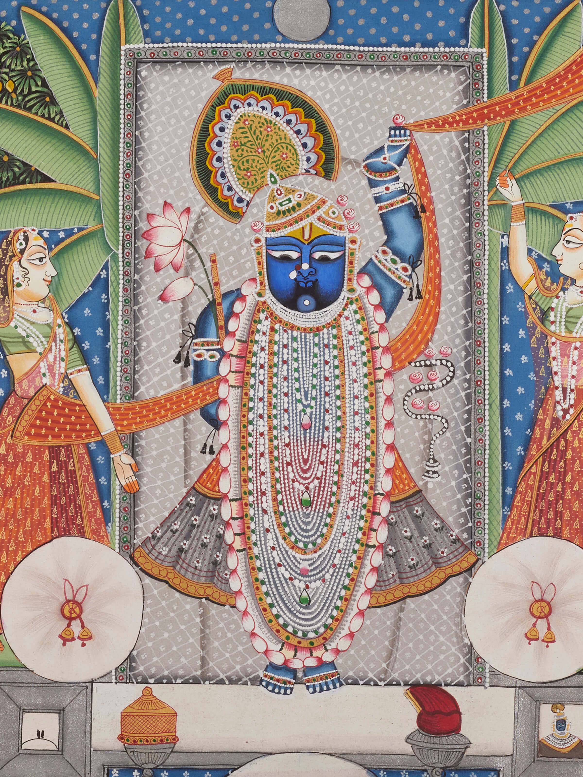 Close-up of Pichwai Luminous Shreenathji Painting focusing on the luminous details and vibrant artwork.