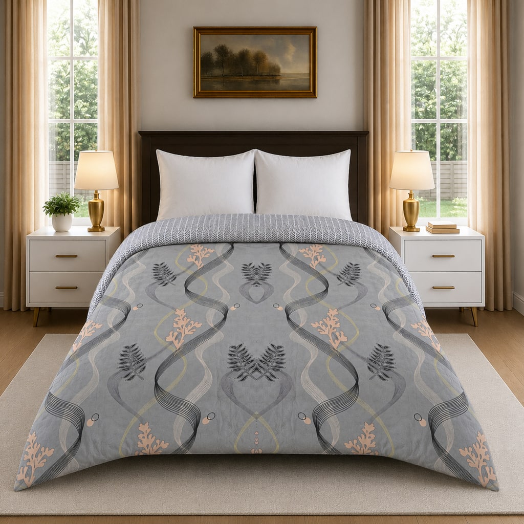 Grey Floral 300 GSM Cotton Double Bed Size Comforter from Threads - Threads