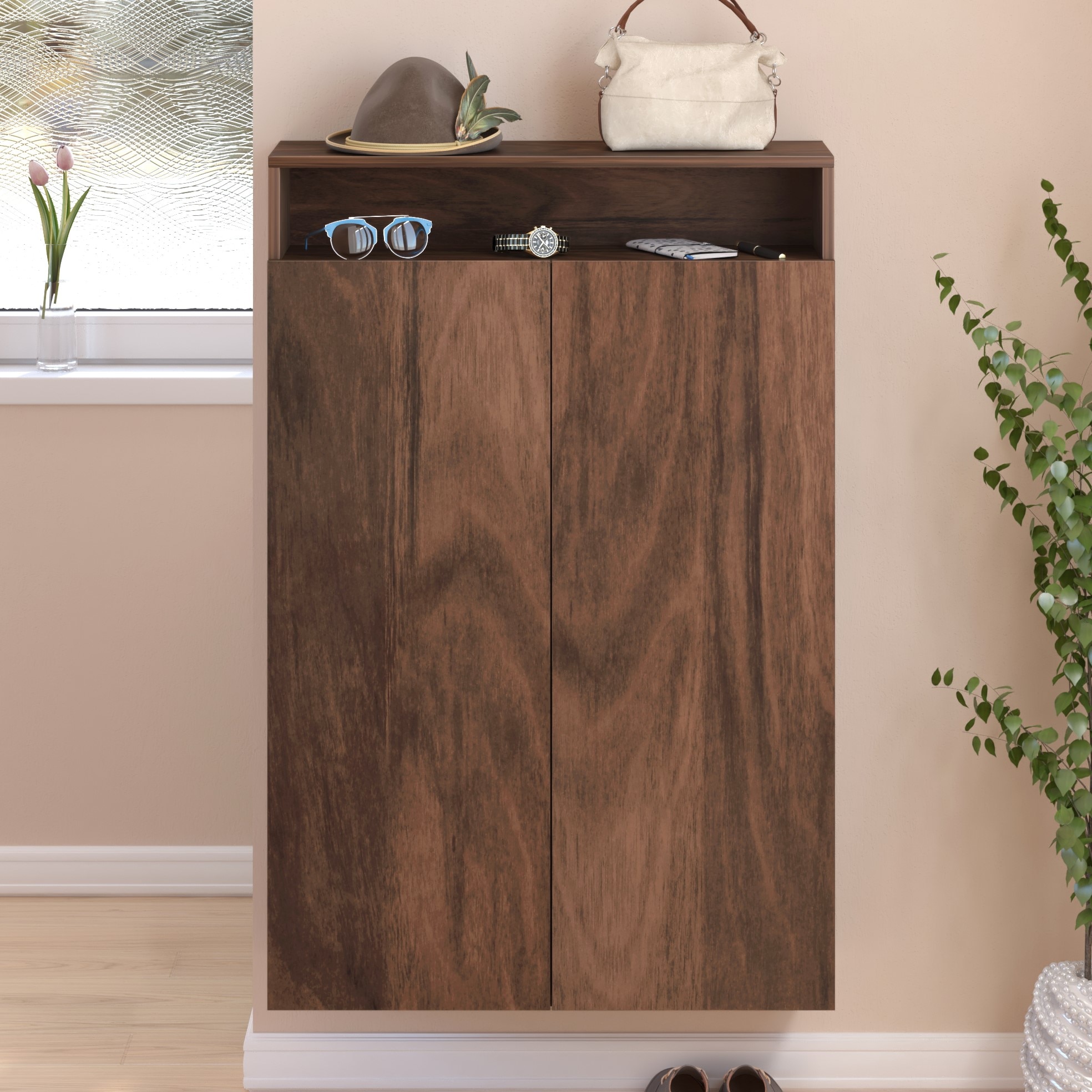 BLUEWUD Whartin Engineered Wood 2 Doors Wall Mounted Shoe Rack Cabinet Slipper Footwear Stand Organizer can Store Up to 16 Pairs for Living Room Home (Brown Maple)