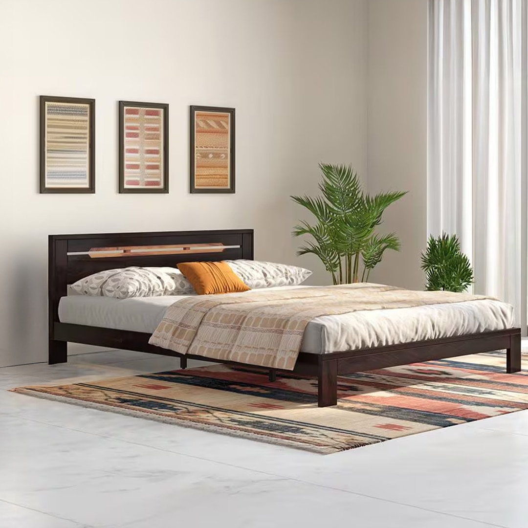 Amal Solid Wood Queen Size Bed In Mahogany Finish
