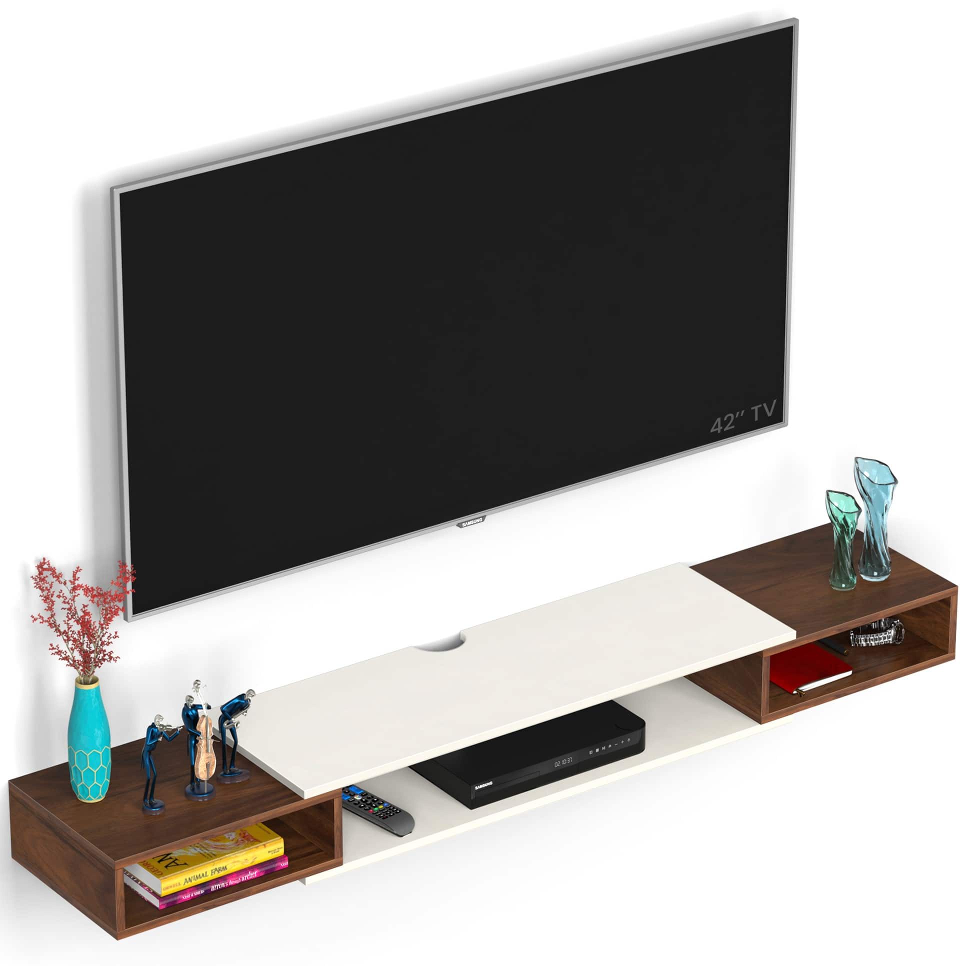 BLUEWUD Toska Engineering Wood Wall Mount TV Entertainment Unit Set Top Box Stand/TV Cabinet Panels with Shelves for Books & D�cor Display Unit, Ideal for 42� (Toska Large, Brown Maple & Beige)