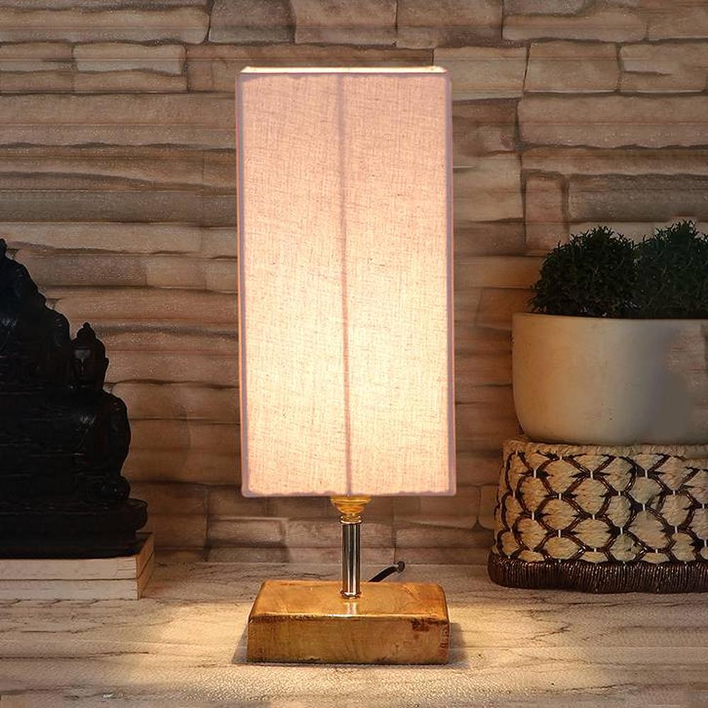 Eulalia Grey cotton table lamp with Square Natural Wood Base