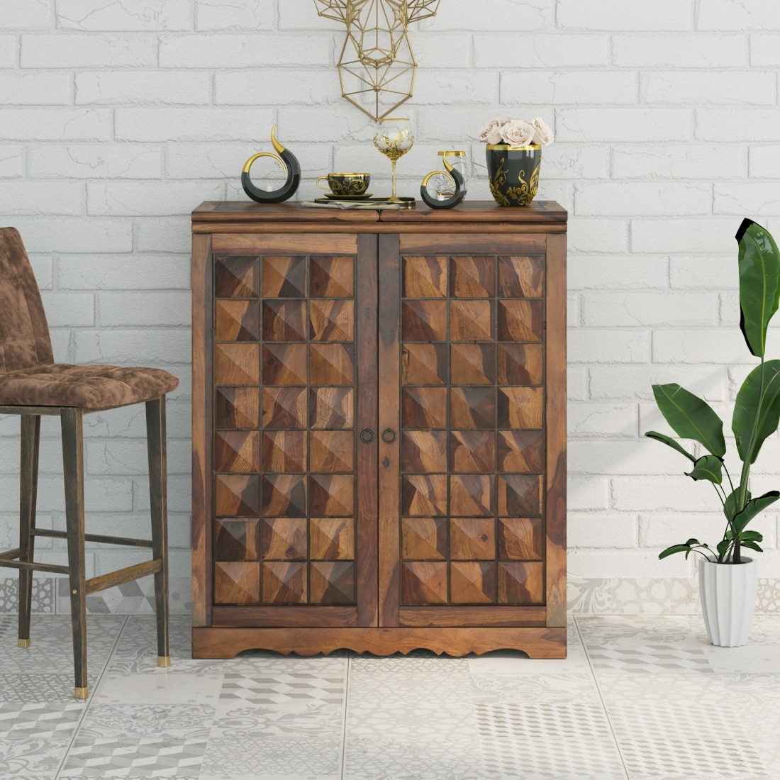 Keaton Sheesham Wood Bar Cabinet in Provincial Teak Finish