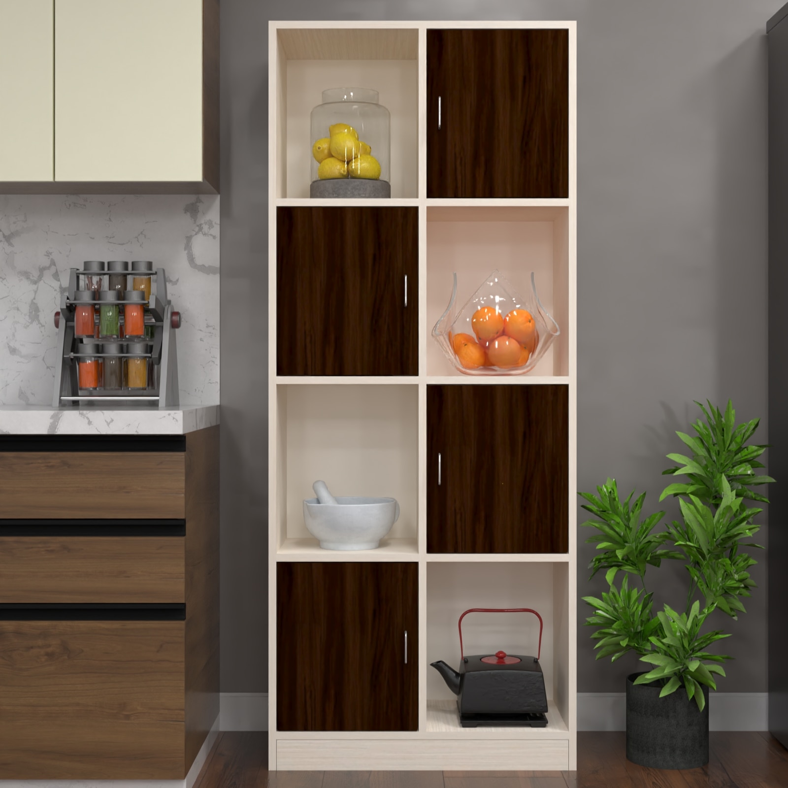 8 Shelves Semi Open Multipurpose Matrix Kitchen Cabinet In Rose Wood & Highland Pine Finish