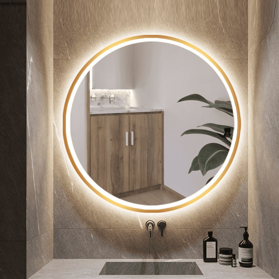 Round LED Mirror with Gold Aluminium Frame Modern Circular Vanity Mirror