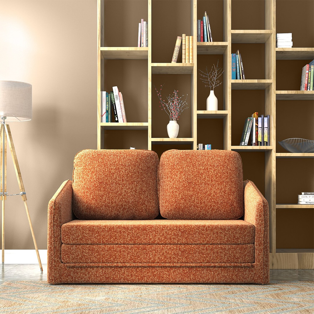 Kobi 2 Seater Fold Out Sofa Cum Bed in Burnt Orange Colour with topper