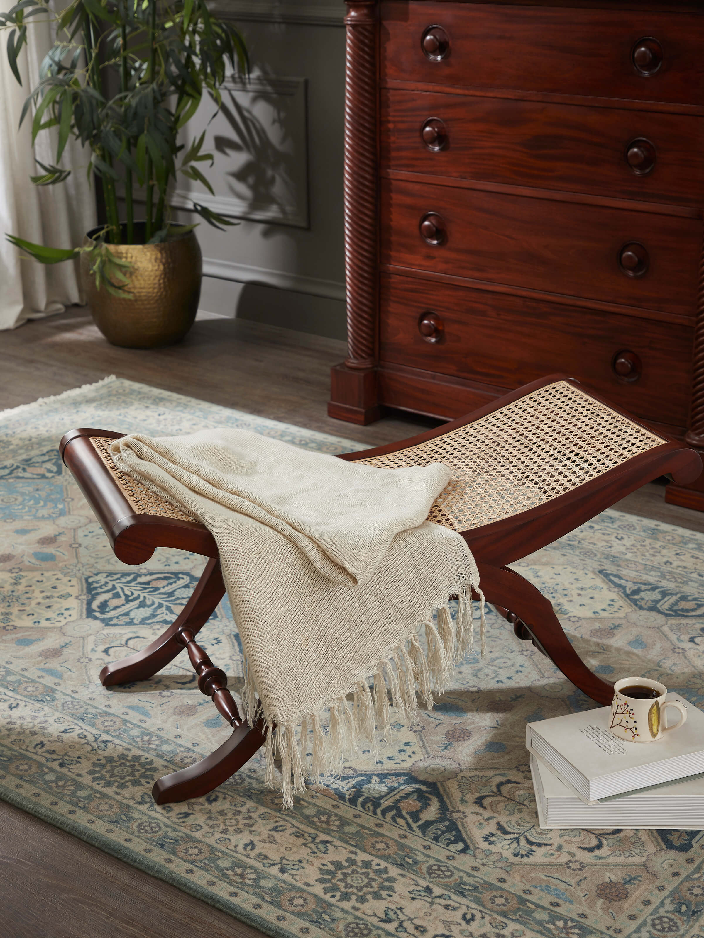 Mahagony Wood & Cane Bench