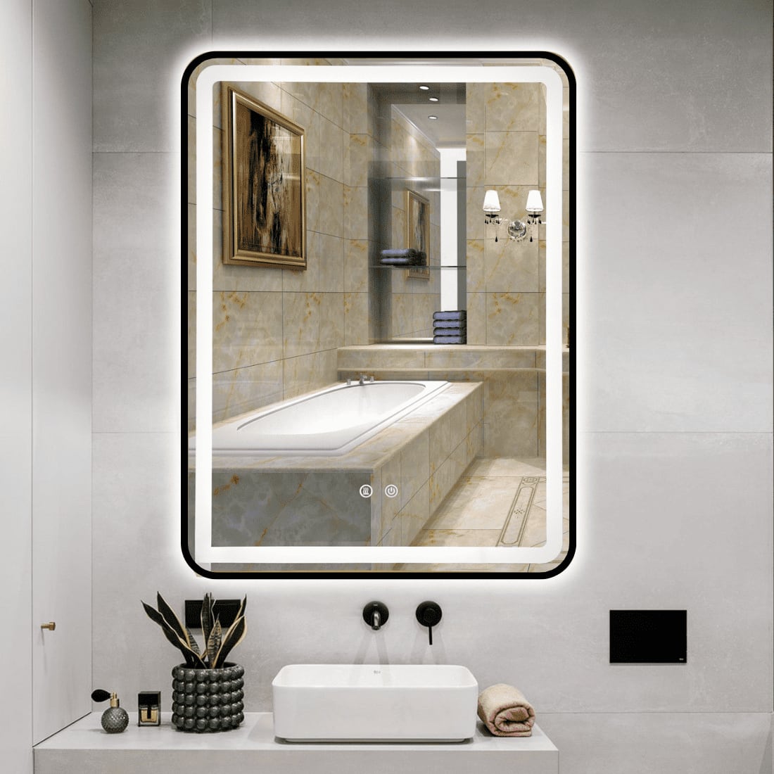 Modern Rectangular LED Mirror Black Stainless Steel Frame with Shelving