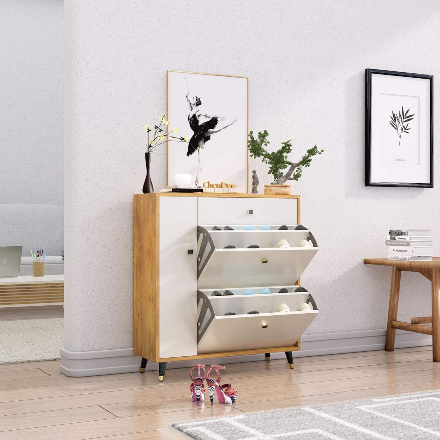 Hexa Red Engineered Wood Shoe Rack in Giant Wood and Frosty White Colour - HexaRed