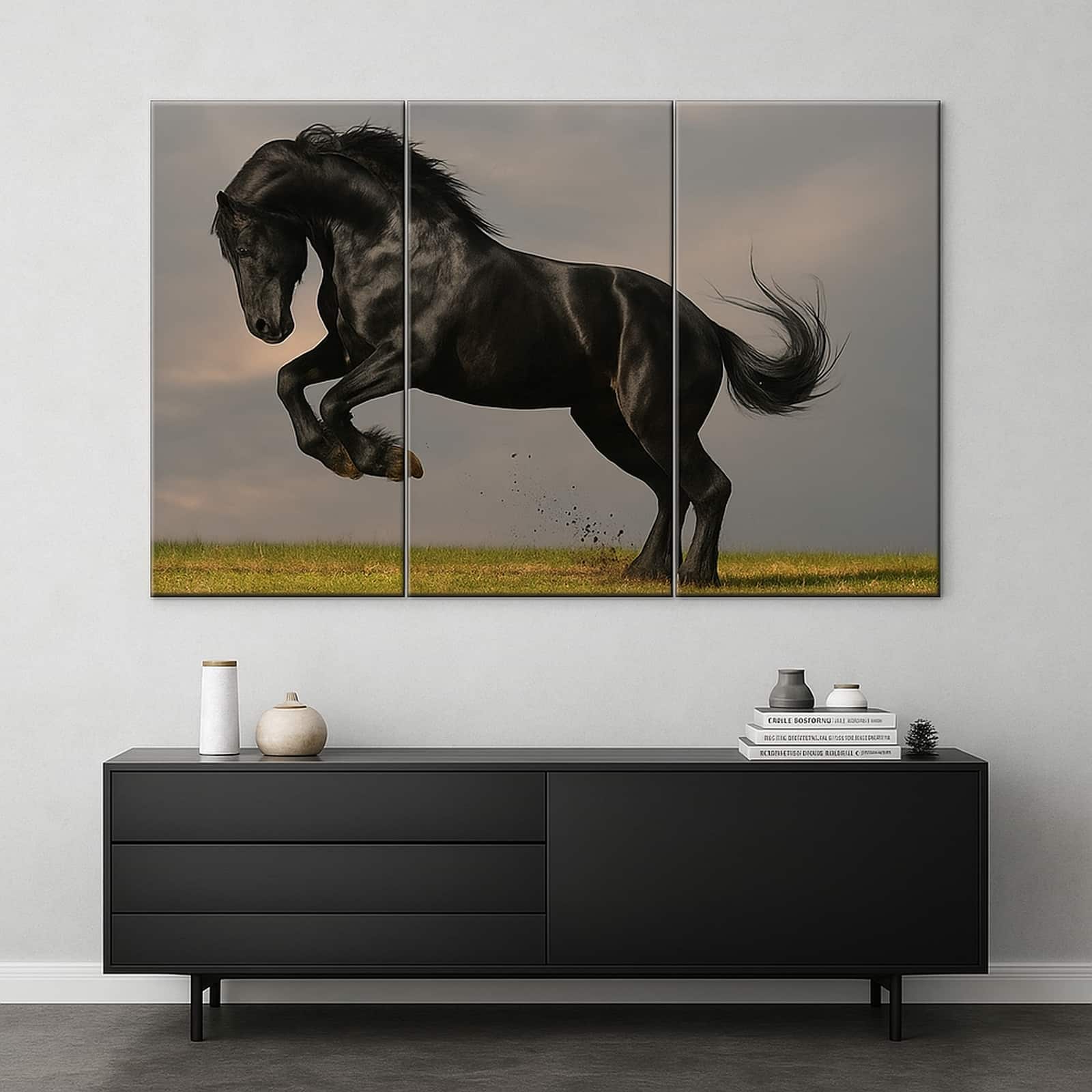 Truss Black Green Pieces Striking Friesian Stallion Canvas Wall Prints Set of 3 Multicolor Matte