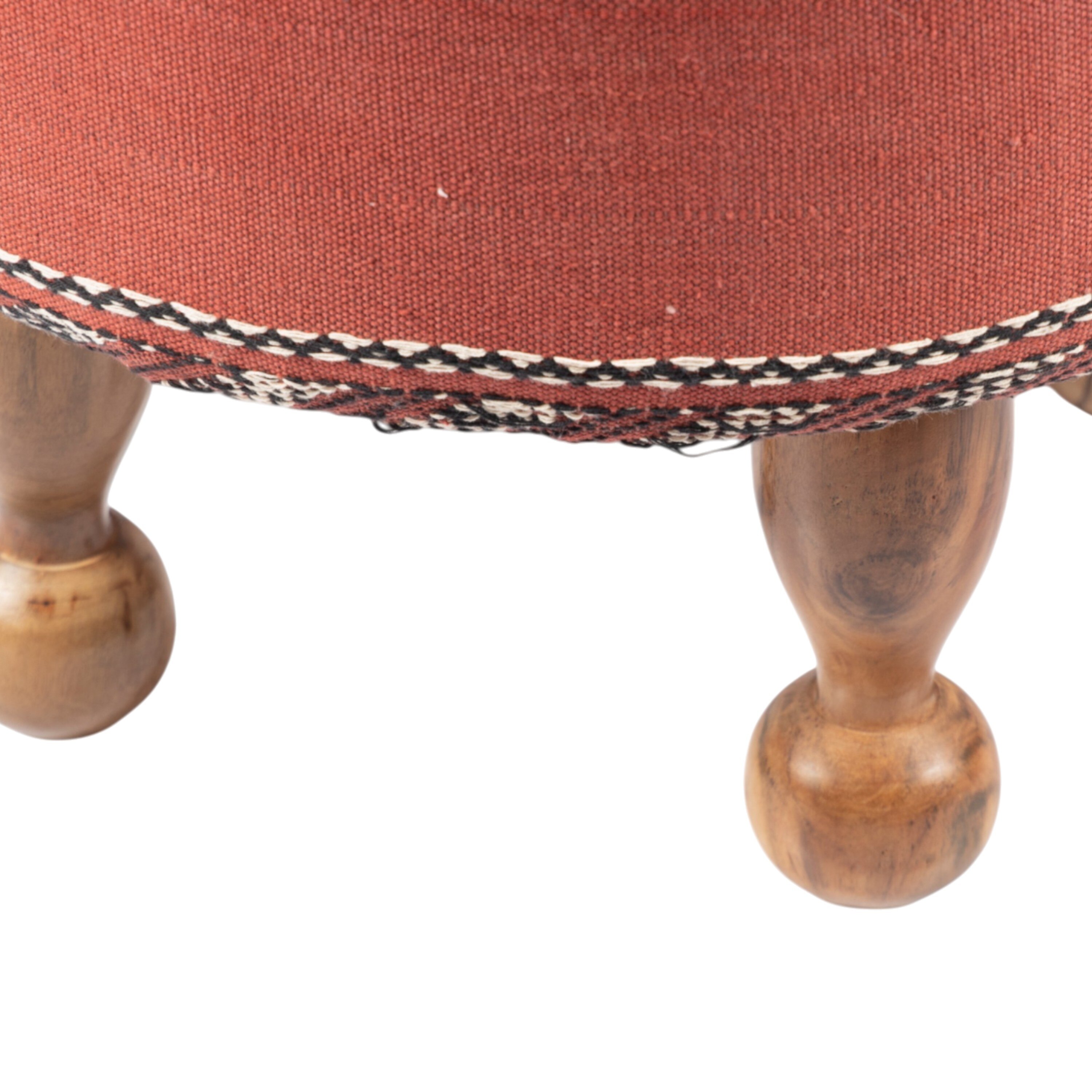 Louisville Acacia Wood Parisian Round Set of 2 Pouf Stools in Red Jacquard