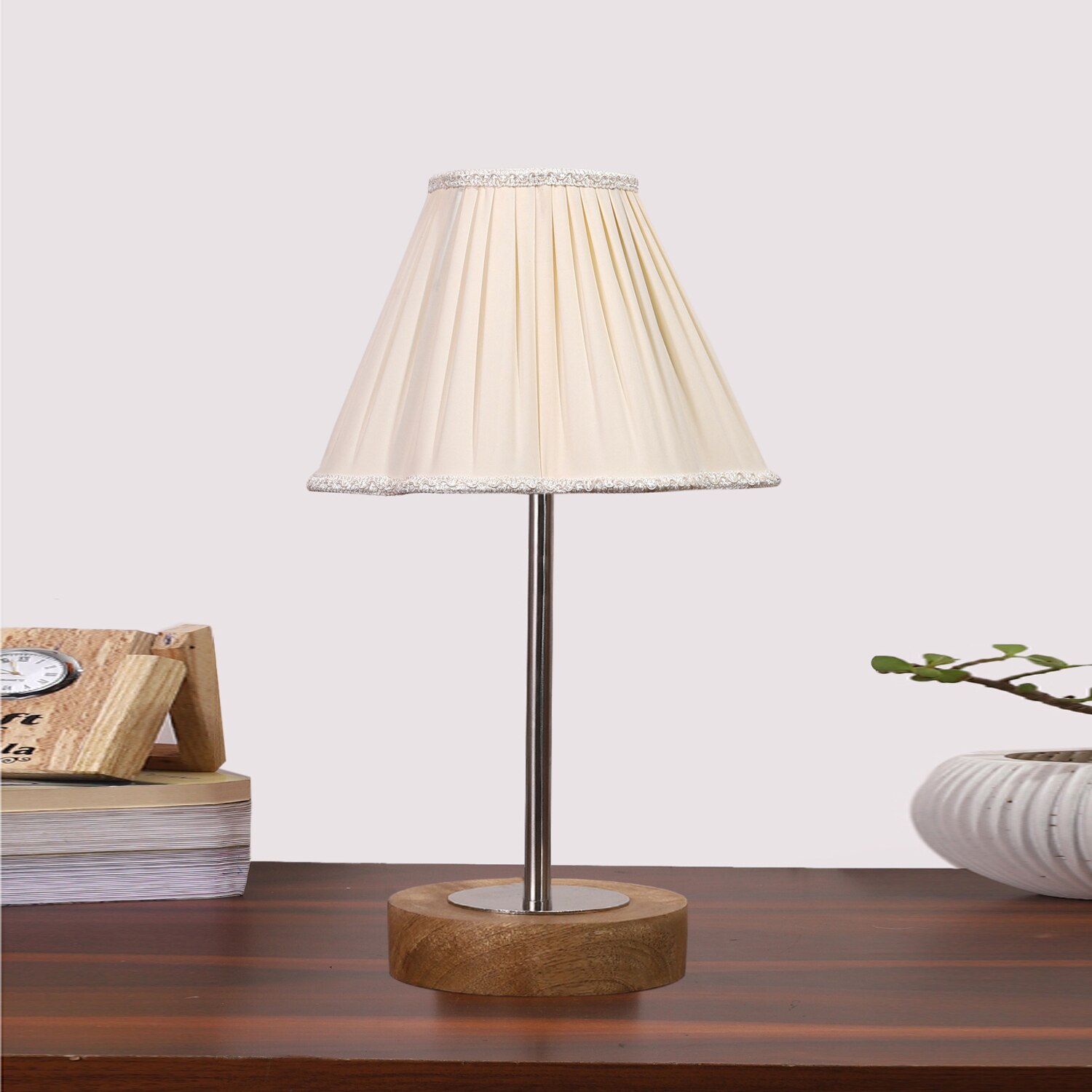Devansh Off-White Cotton Vintage  Lamp With Natural  Wood Base  & Steel Pipe  (12X8X19.25)