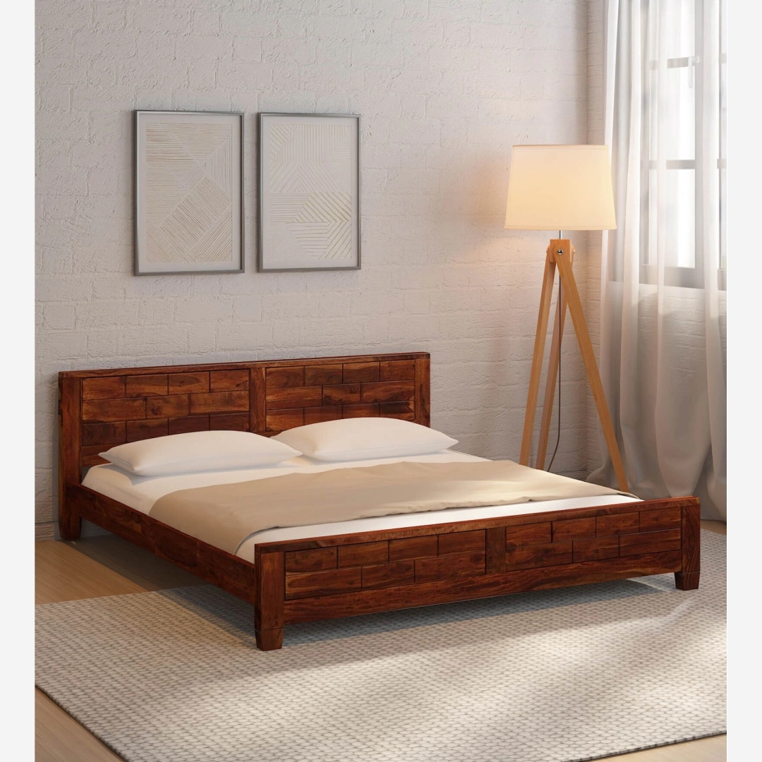 Rehan Solid Wood Queen  Size Bed Without Storage (Honey Finish) - Interior Valley