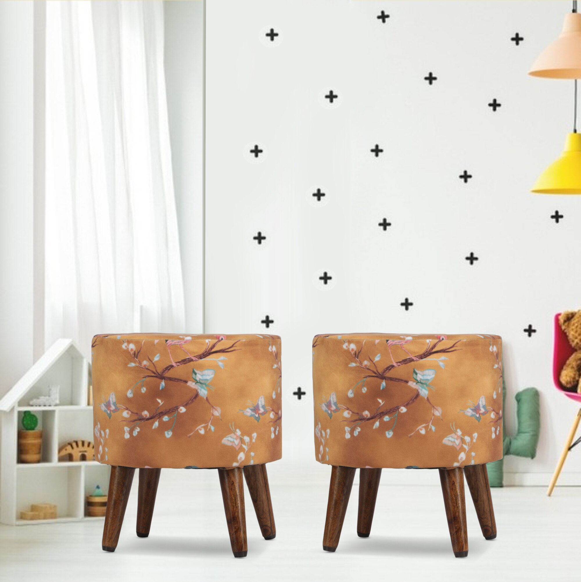 Elowen Solid Wood  Ottomon in  Gold Colour