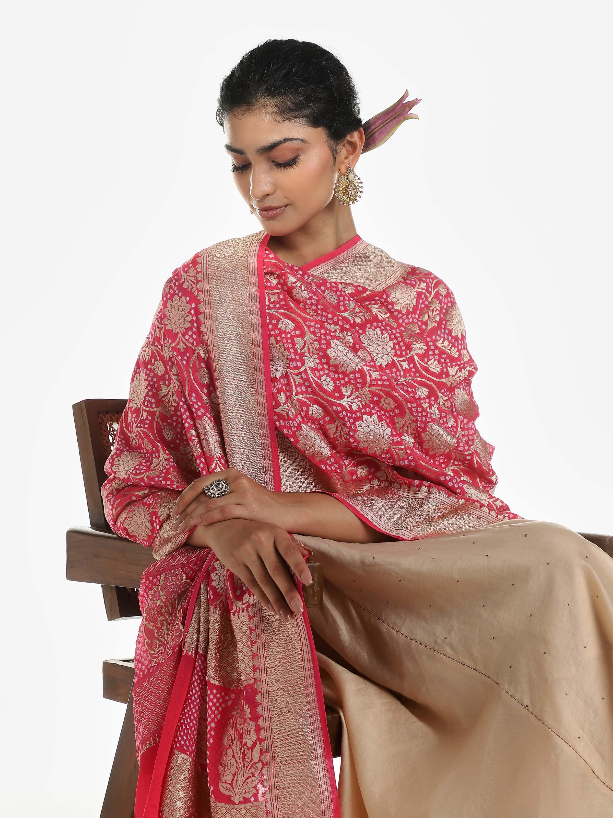 Coral Banarasi Crepe Bandhani Tie & Dye Dupatta
