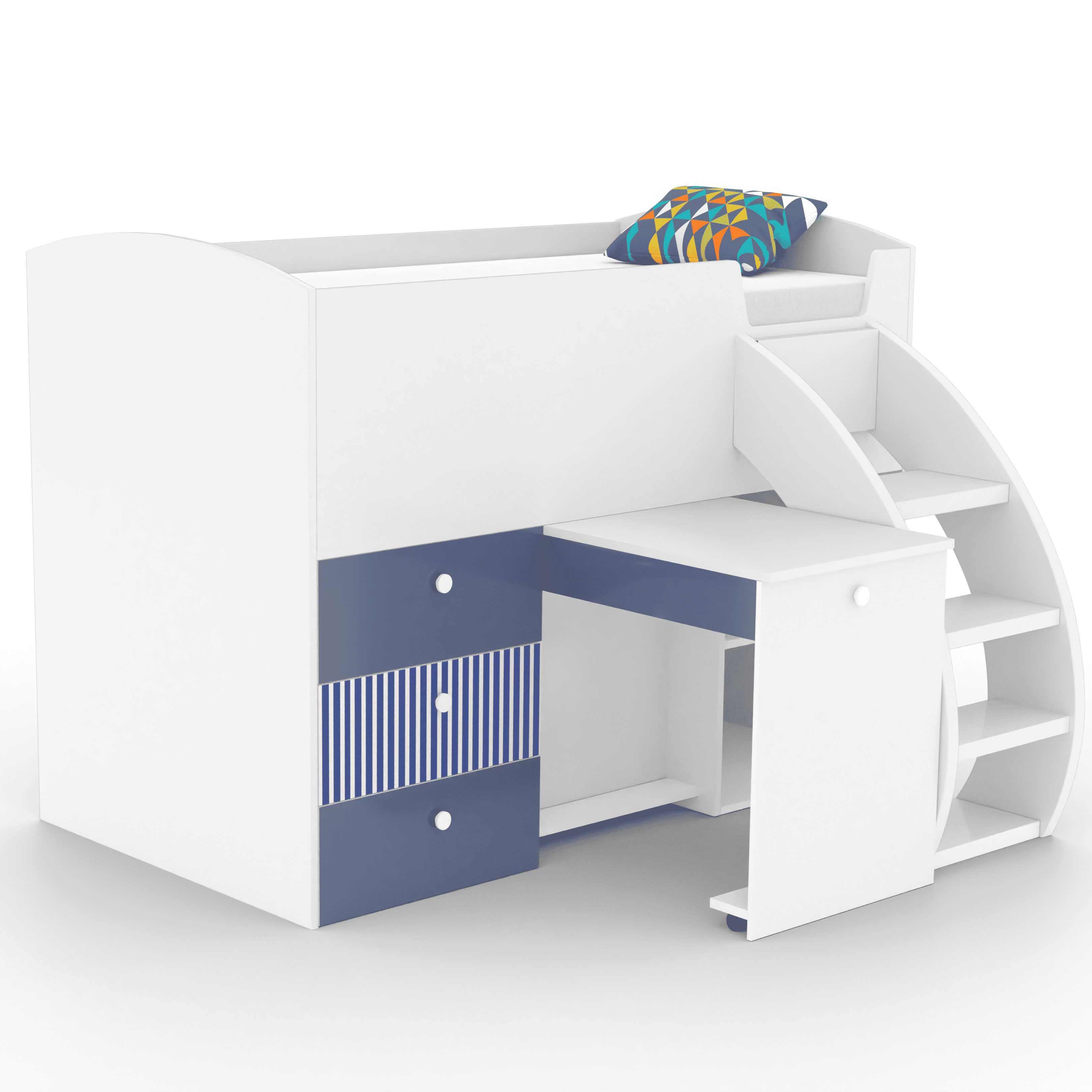 Fun House Loft Bed Ith Integrated Pull Out Desk  White And Blue In White and Blue Colour
