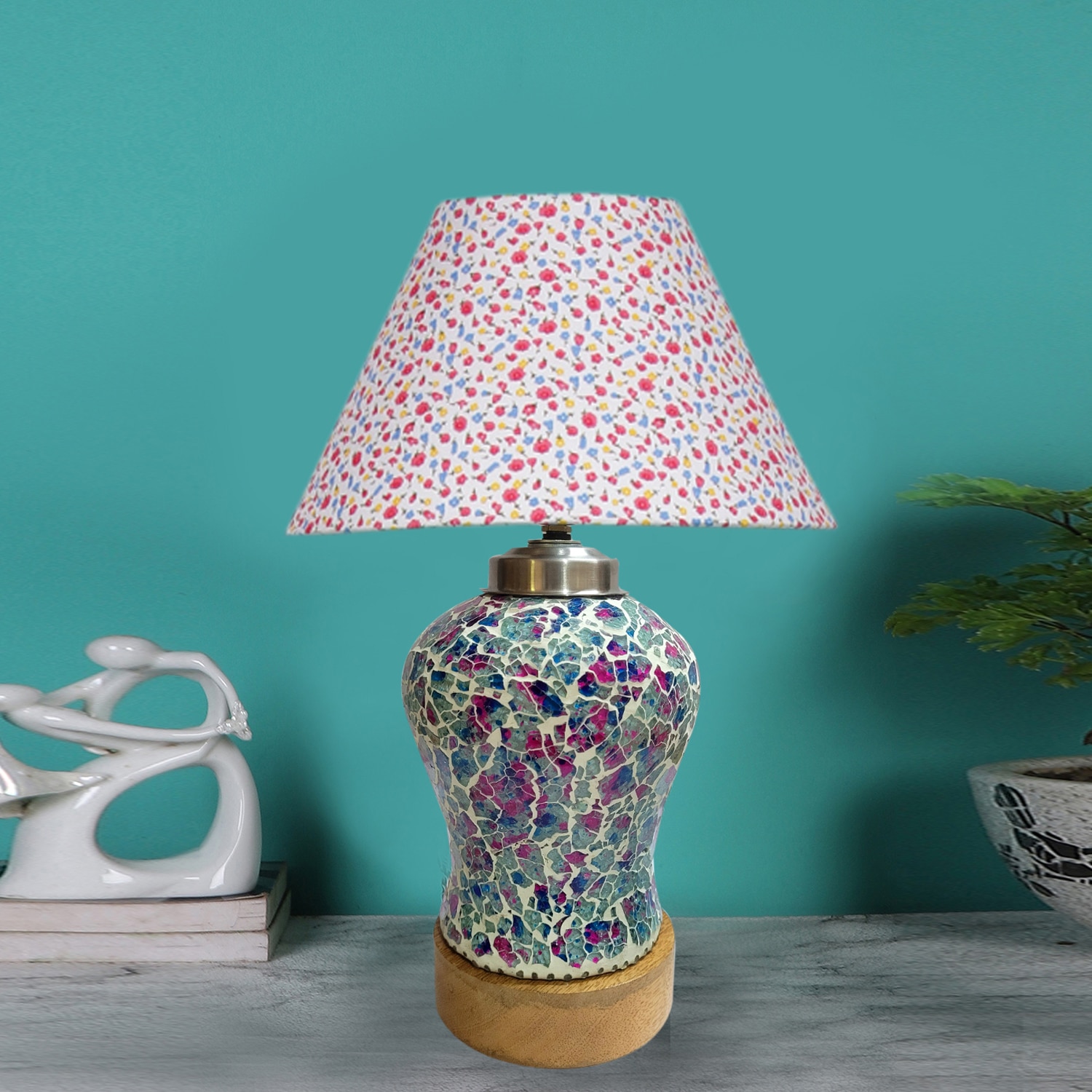Devansh Conical Multicolor  Cotton Shade  Lamp With  Wood & Mosaic Glass Base For Decoration /Office/Home/Gifting/Study For Decoration /Office/Home/Gifting/Study -(10X10X14.5) Inches -