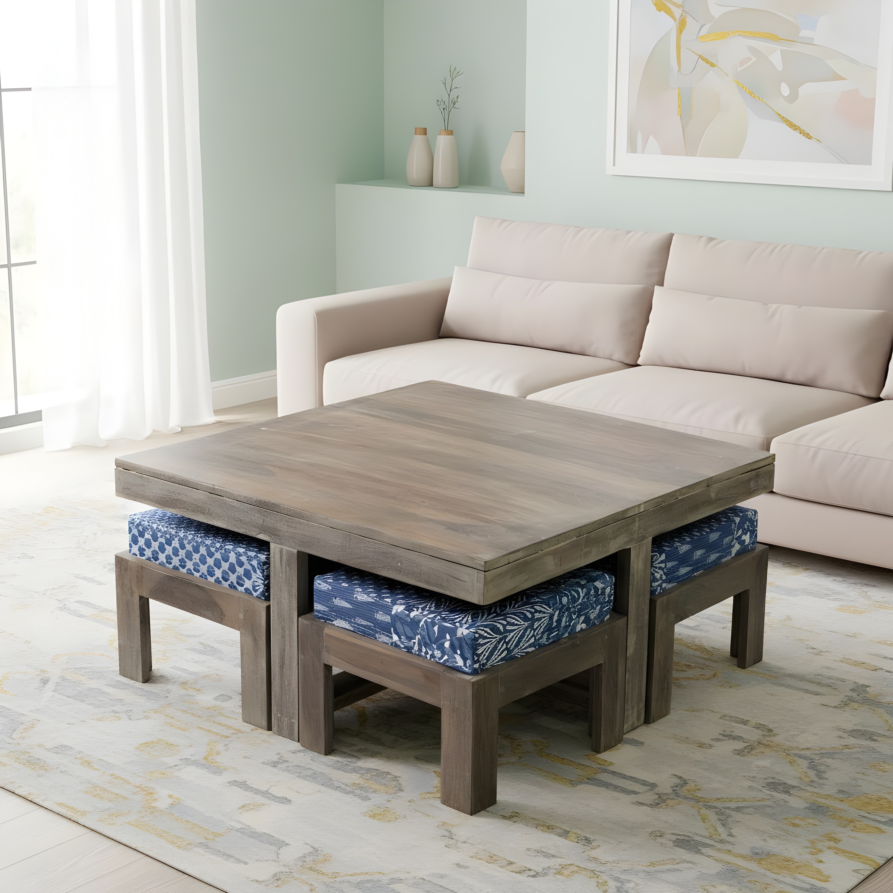 Blane Sheesham Wood 4 Seater Coffee Table Set In Antique Grey Finish Indigo Patch Kantha Cushion - Ikiriya