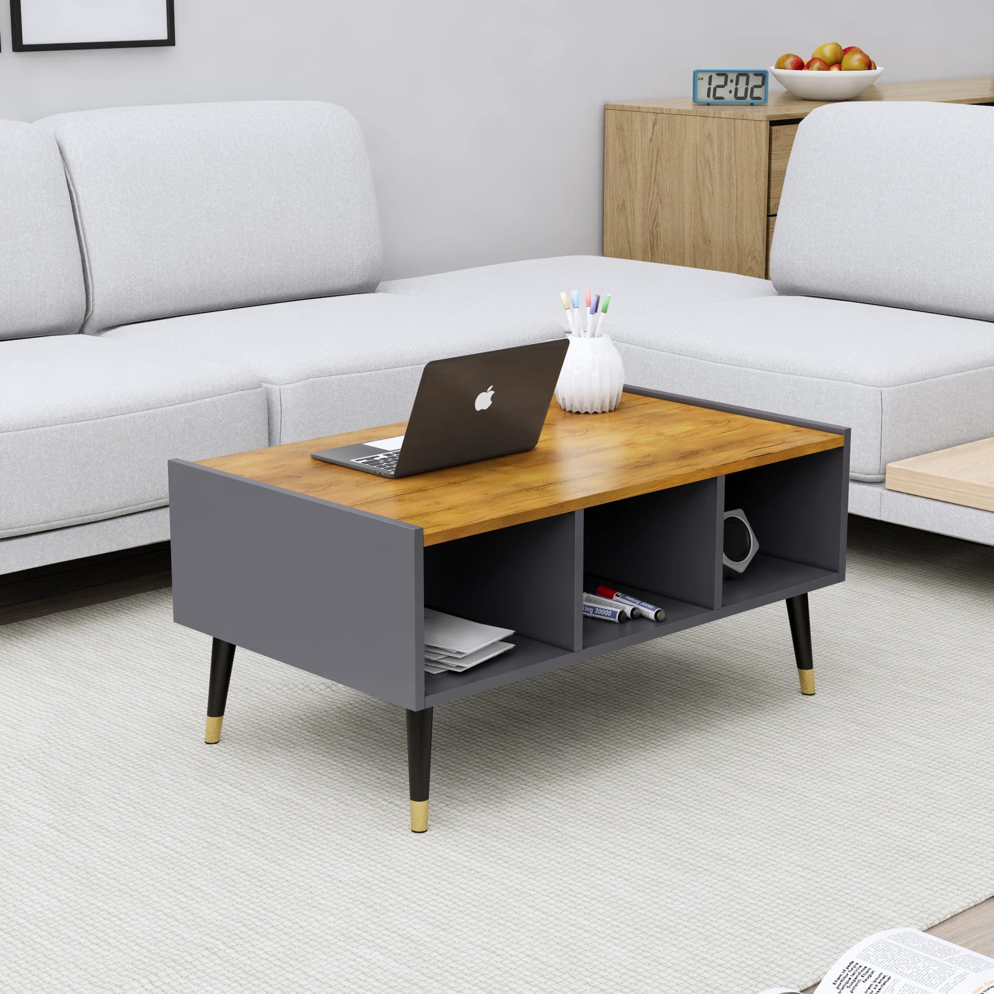 Hexa Engineered Wood Coffee Table With Storage And Open Rack In Slate Grey And Giant Wood - HexaRed