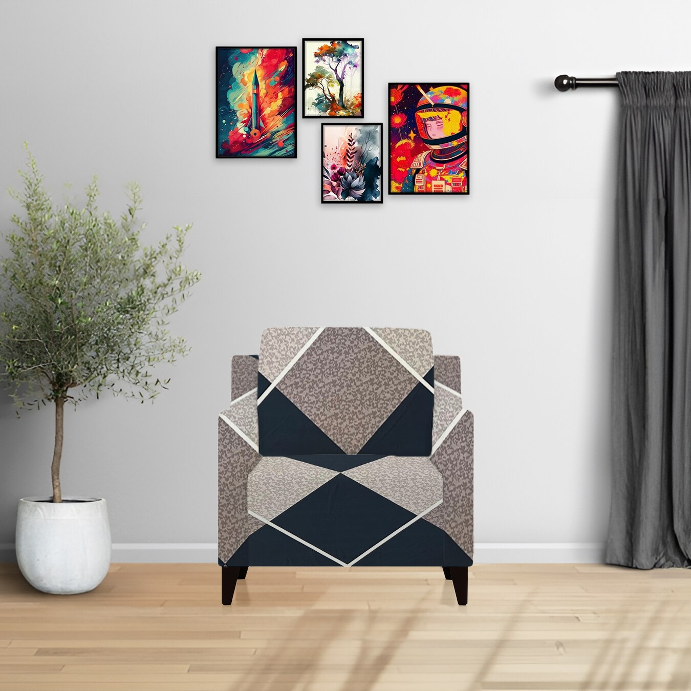 1 Seater Navy Cubes Sofa Cover