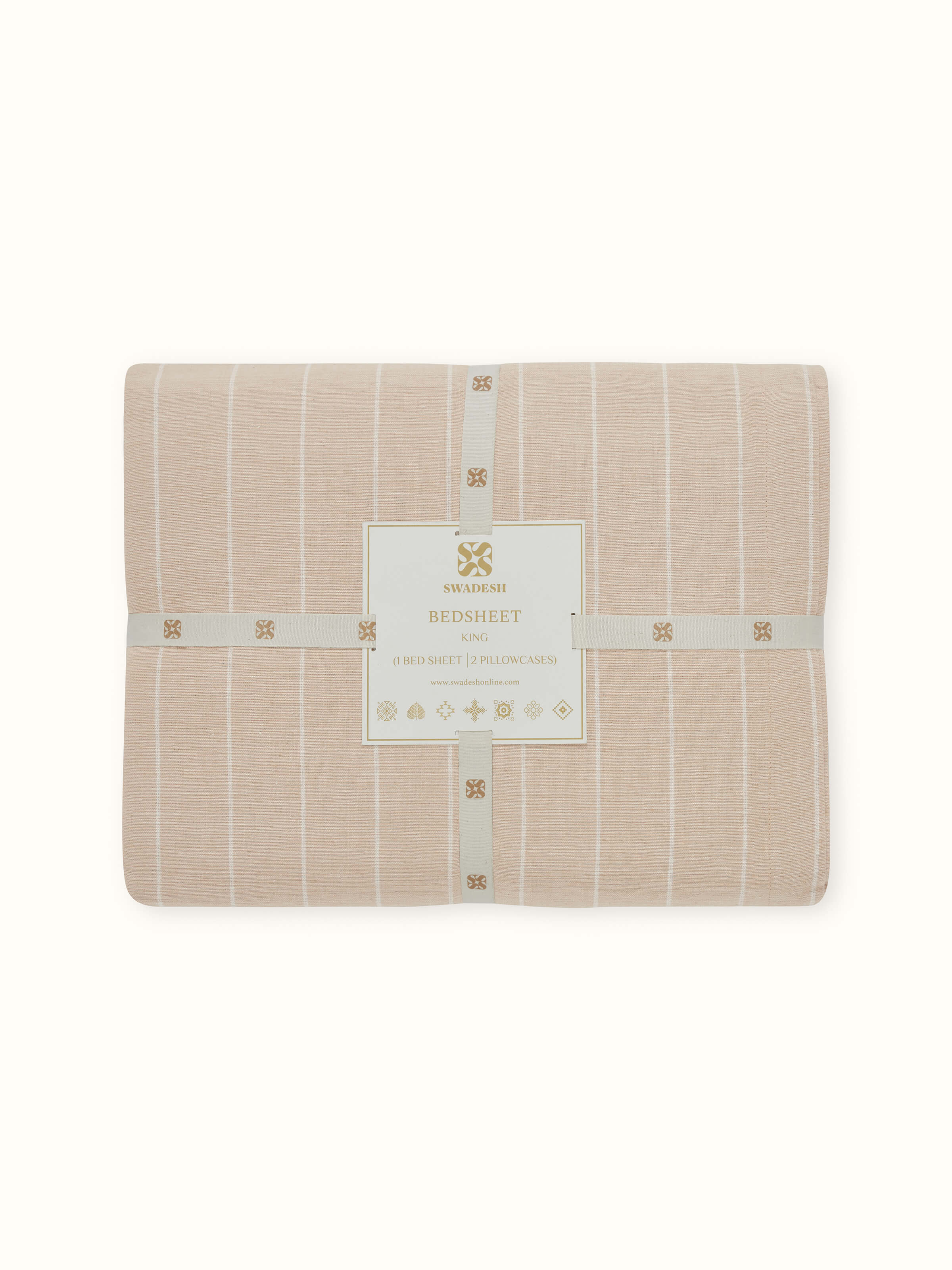 Keshod Handloom Cotton Beige Chambray Stripe King-size Bedsheet Set