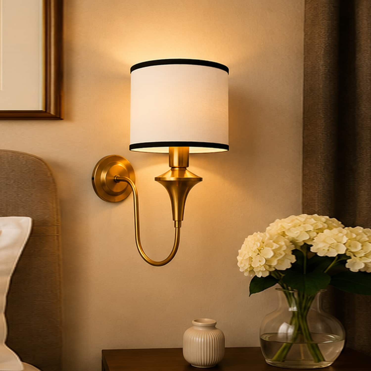 Devansh Metal Electric Wall Light in Antique Gold Colour with Beige Shade Count of 2 Lights