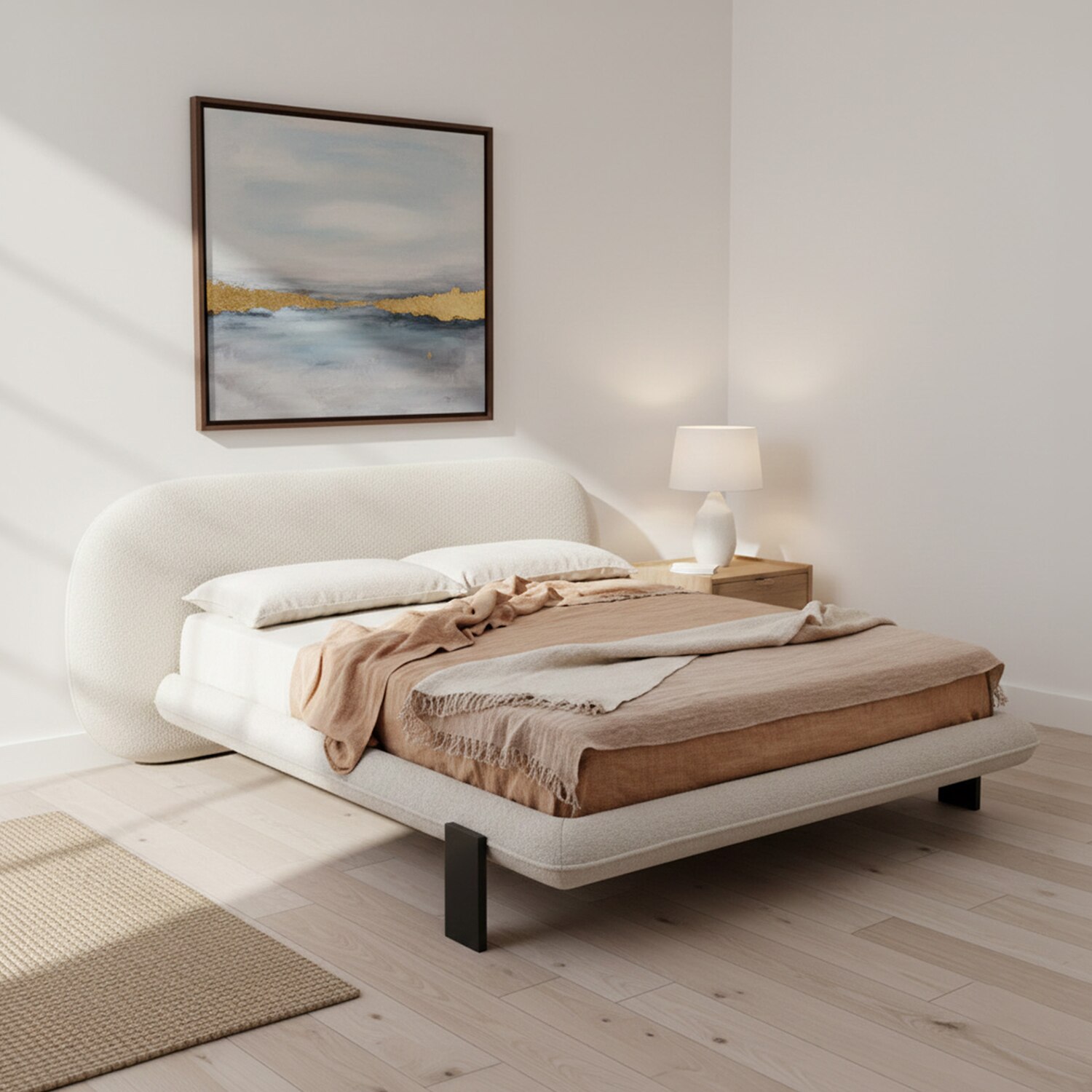 Aeris Cloudline Queen Size Bed in Boucle With Oak wood Frame-image-11