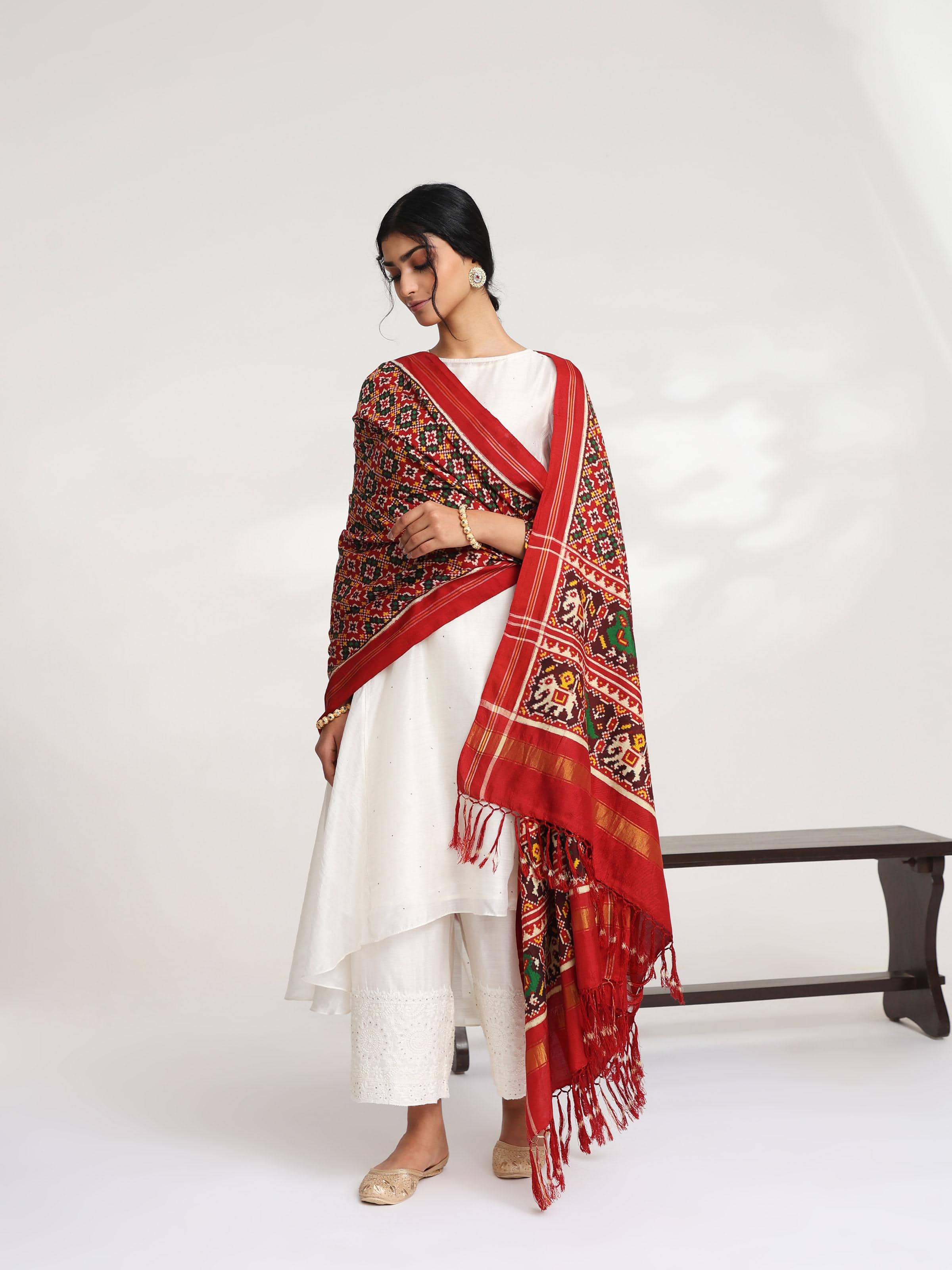 Red Ikat Patan Patola Handwoven Dupatta