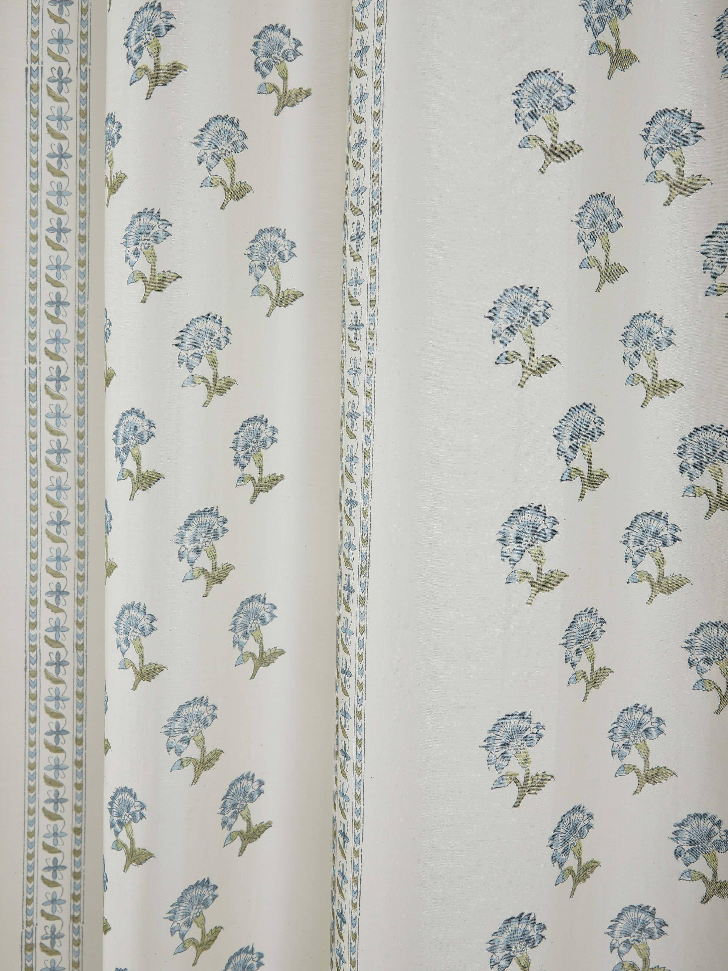 Detail shot of Aaarunya Blue Floral Curtain, focusing on intricate block print and silk-cotton blend.
