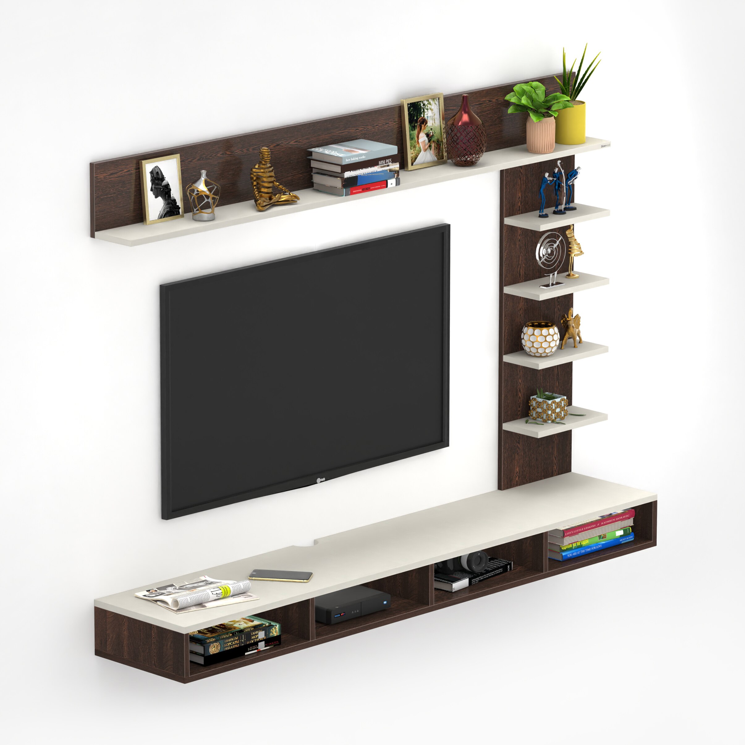 BLUEWUD Primax Plus Large Engineering Wood Wall Mount TV Entertainment Unit Set Top Box Stand/TV Cabinet Panel with Shelves for Books & D�cor Display Unit, Ideal for 50� (Wenge & White)