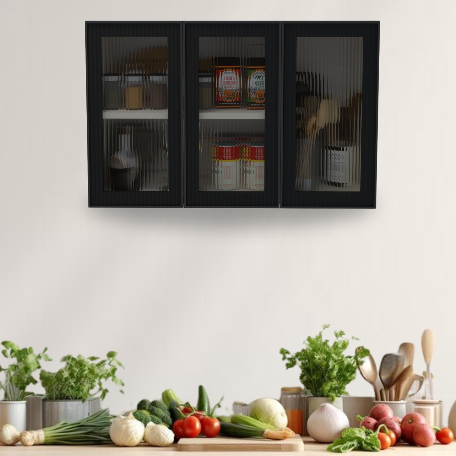 speciality panels Aluminium Black Profile 3 Fluted Glass Handless Shutters Wall Cabinet In Highland Pine Finish-picture-17