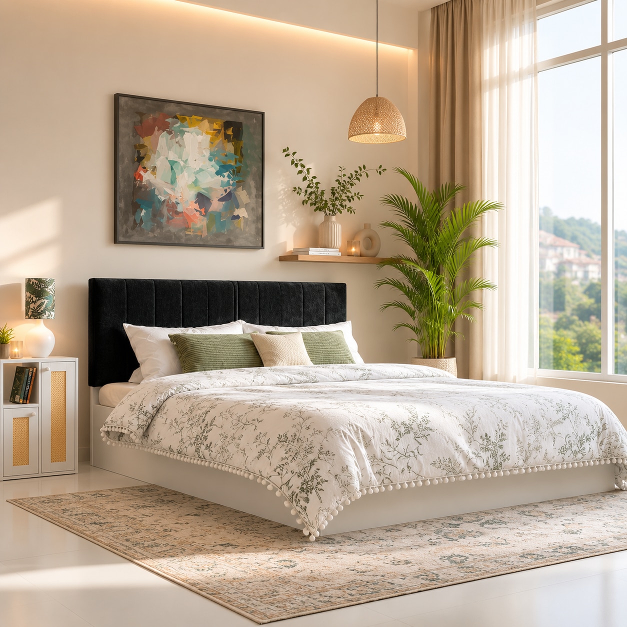 Samskara Engineered Wood Queen Size Bed With Hydraulic Storage (Melamine Finish, White Colour)