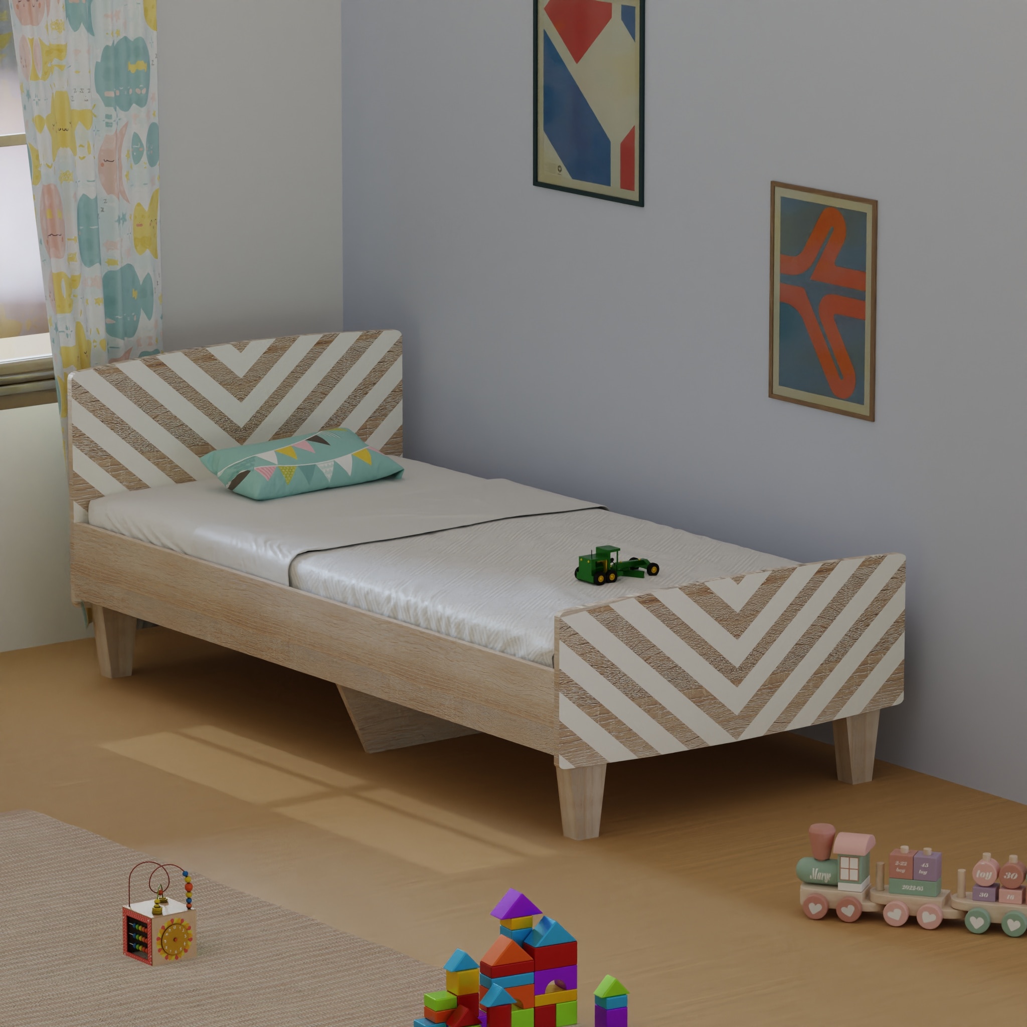 Minimalist Kids Single Bed in Oak and White Stripes