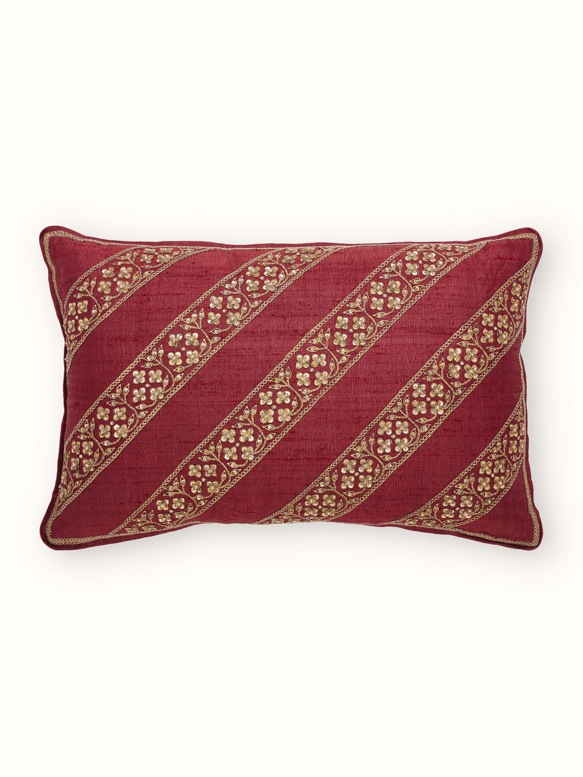 Alankar Maroon Diagonal Stripe Silk Zardozi Hand Embroidered Cushion Cover